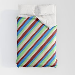 [ Thumbnail: Blue, Green, Beige, and Maroon Colored Stripes Pattern Comforter ]