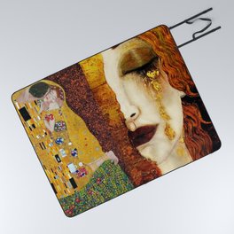 Gustav Klimt: The Kiss & Freya's Tears golden-red flower anemone college portrait painting Picnic Blanket
