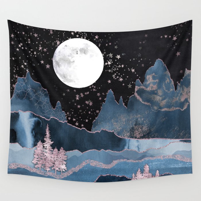 Midnight Mountain Moon - Rosegold Stars Wall Tapestry
