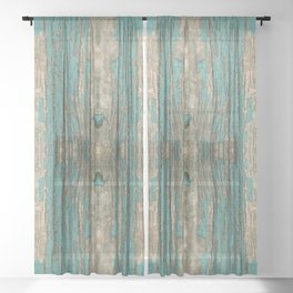 Weathered Rustic Wood - Weathered Wooden Plank - Beautiful knotty wood weathered turquoise paint Sheer Curtain