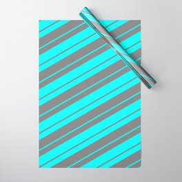 [ Thumbnail: Grey and Cyan Colored Lines/Stripes Pattern Wrapping Paper ]
