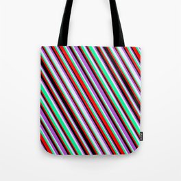 [ Thumbnail: Lavender, Green, Red, Black & Orchid Colored Lines/Stripes Pattern Tote Bag ]
