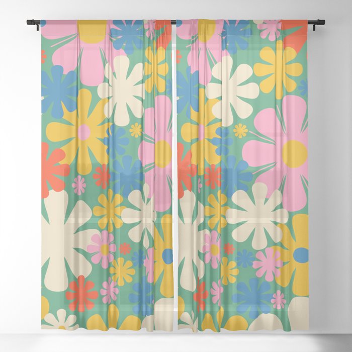 Retro Flowers 60s 70s Aesthetic Floral Pattern in Pop Green Blue Pink Red Mustard Yellow Cream Sheer Curtain