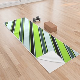 [ Thumbnail: Light Green, Dark Slate Gray, Light Cyan, and Black Colored Striped Pattern Yoga Towel ]