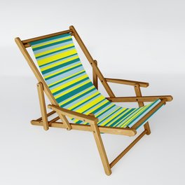 [ Thumbnail: Yellow, Teal, and Light Blue Colored Stripes Pattern Sling Chair ]