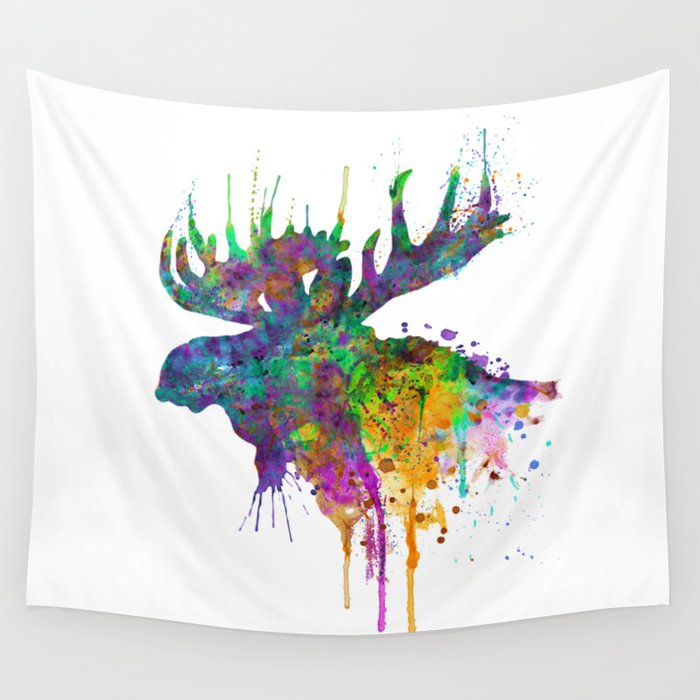 Moose Head Watercolor Silhouette Wall Tapestry