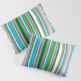 [ Thumbnail: Green, Plum, Dark Green, White & Deep Sky Blue Colored Stripes Pattern Pillow Sham ]