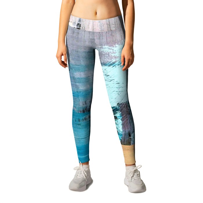 Waves: an abstract mixed media piece in black, white, blues, pinks, and brown Leggings