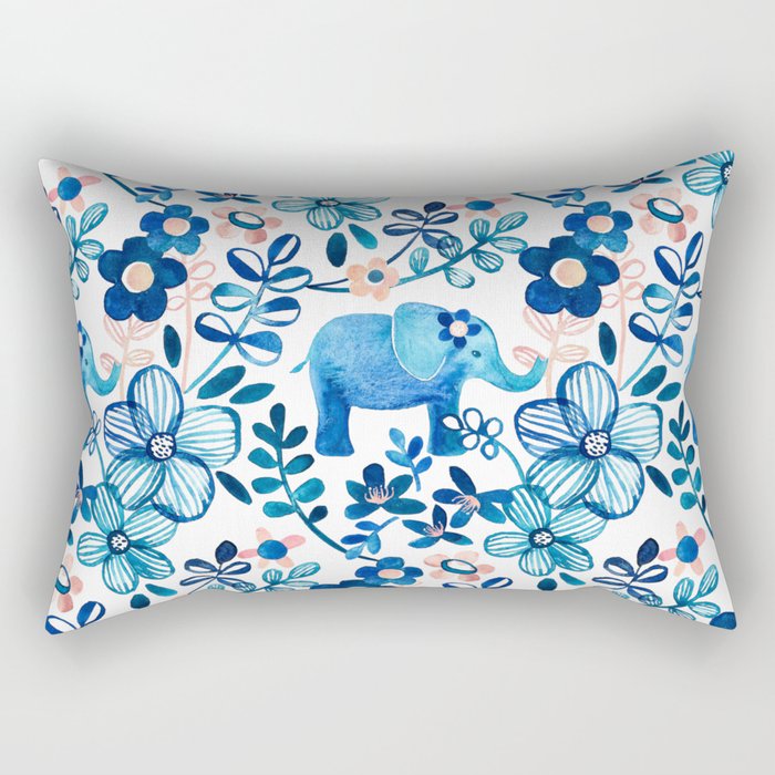 Blush Pink, White and Blue Elephant and Floral Watercolor Pattern Rectangular Pillow