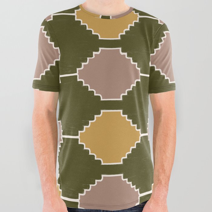 Retro Hygge Tribal Checker Pattern in Green All Over Graphic Tee