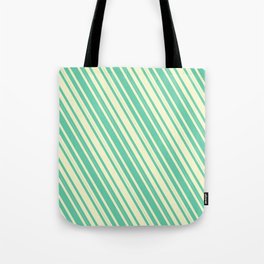 [ Thumbnail: Light Yellow & Aquamarine Colored Lined Pattern Tote Bag ]