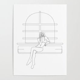 "Nudes by the Window" - Single Line Drawing of Nude Woman with Camera Poster