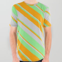 [ Thumbnail: Light Green, Orange & Light Grey Colored Lined/Striped Pattern All Over Graphic Tee ]