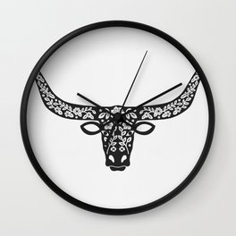 Floral Longhorn – Black Silhouette Wall Clock