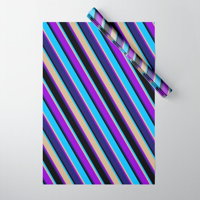 Eyecatching Deep Sky Blue, Tan, Dark Violet, Midnight Blue, and Black Colored Lines Pattern Wrapping Paper