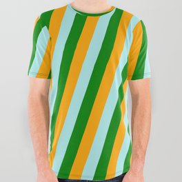 [ Thumbnail: Orange, Turquoise, and Green Colored Lined Pattern All Over Graphic Tee ]