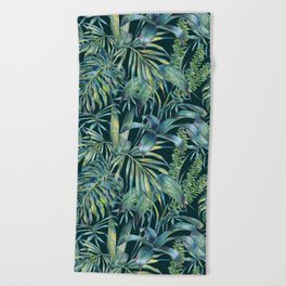 Watercolor green tropical leaves Beach Towel