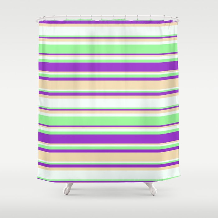 Dark Orchid, Tan, Mint Cream, and Green Colored Stripes Pattern Shower Curtain
