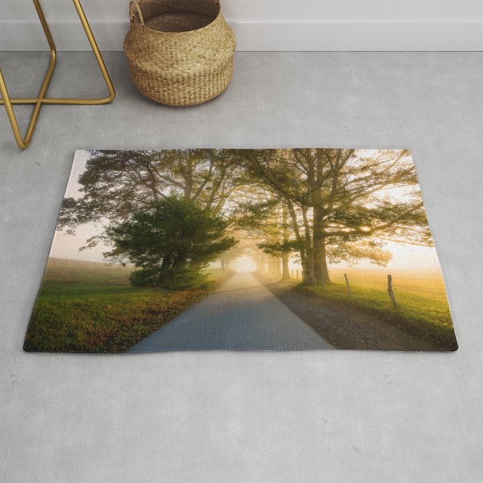 Daylight and Mist - Road with Warm Light in Great Smoky Mountains Rug