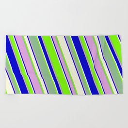 [ Thumbnail: Vibrant Blue, Beige, Green, Dark Sea Green, and Plum Colored Pattern of Stripes Beach Towel ]