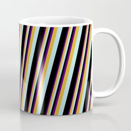 [ Thumbnail: Indigo, Goldenrod, Powder Blue & Black Colored Lines Pattern Coffee Mug ]