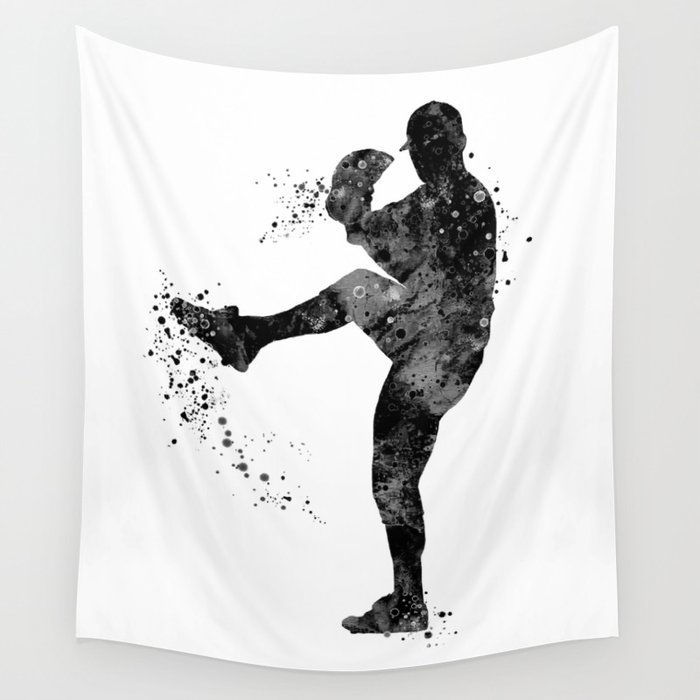 Baseball Boy Art Softball Pitcher Black and White Art Sports Gift Wall Tapestry