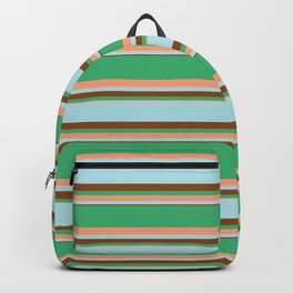 [ Thumbnail: Sea Green, Light Salmon, Powder Blue, and Brown Colored Striped/Lined Pattern Backpack ]