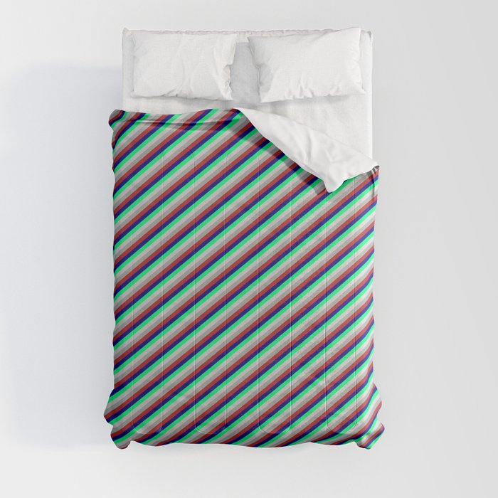 Colorful Dark Grey, Red, Blue, Green, and Light Gray Colored Striped/Lined Pattern Comforter