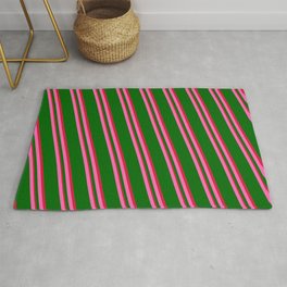 [ Thumbnail: Hot Pink, Dark Green & Crimson Colored Lines Pattern Rug ]