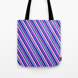 [ Thumbnail: Dark Violet, Aquamarine, Blue & Pink Colored Lines Pattern Tote Bag ]