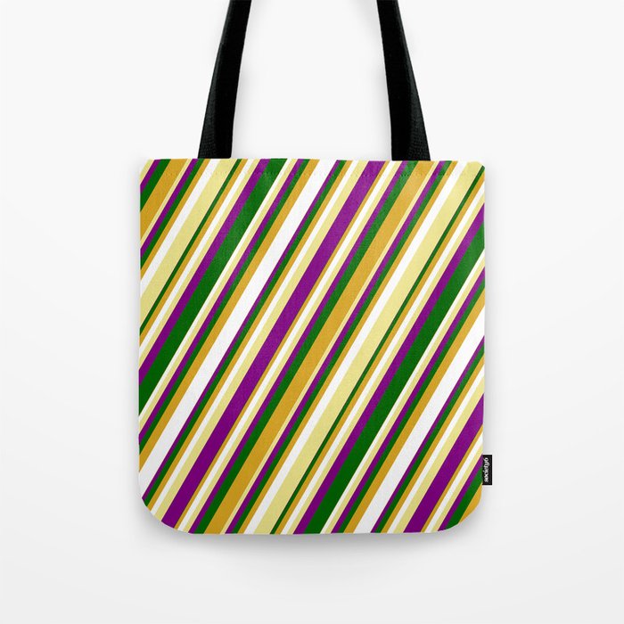 Tan, Purple, Dark Green, Goldenrod, and White Colored Lined/Striped Pattern Tote Bag