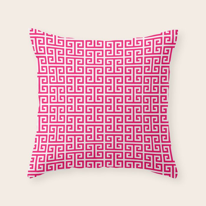 Hot Pink and White Greek Key Pattern Throw Pillow by annaleeblysse Society6