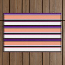 [ Thumbnail: Light Salmon, Indigo, White, and Black Colored Striped Pattern Outdoor Rug ]