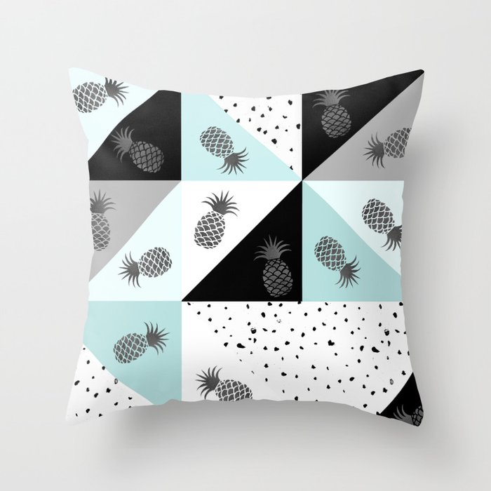 Teal black white dots pineapple geometrical color block Throw Pillow