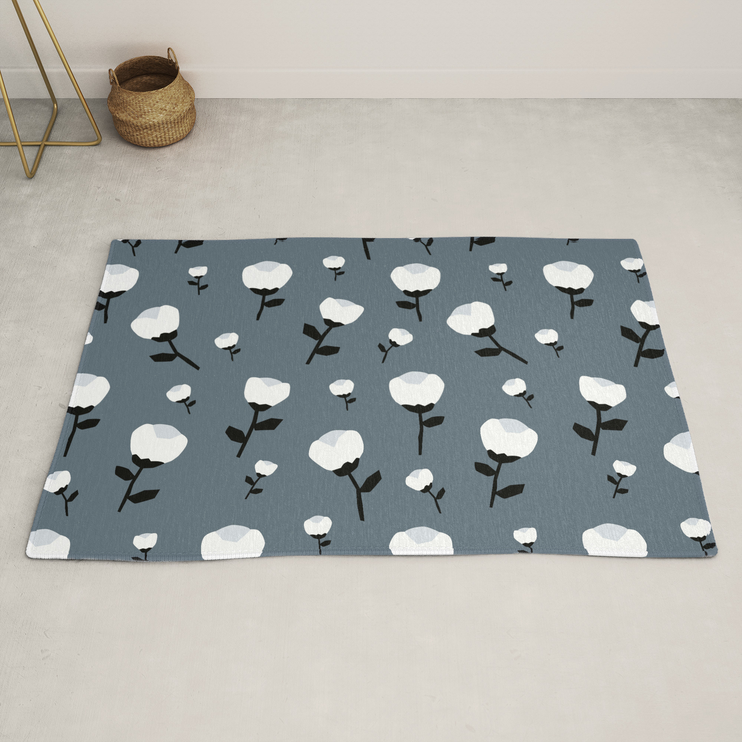 Cotton Flower Paper Cut Winter Blossom Stone Blue Rug By Littlesmilemakersstudio Society6