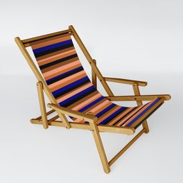 [ Thumbnail: Eyecatching Light Salmon, Chocolate, Blue, Black & Brown Colored Stripes/Lines Pattern Sling Chair ]