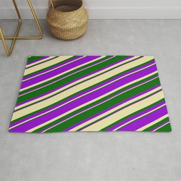 [ Thumbnail: Pale Goldenrod, Dark Green & Dark Violet Colored Lined Pattern Rug ]