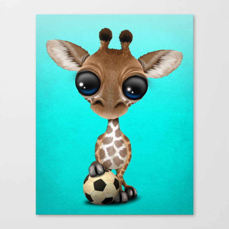 Cute Baby Giraffe With Football Soccer Ball Canvas Print By