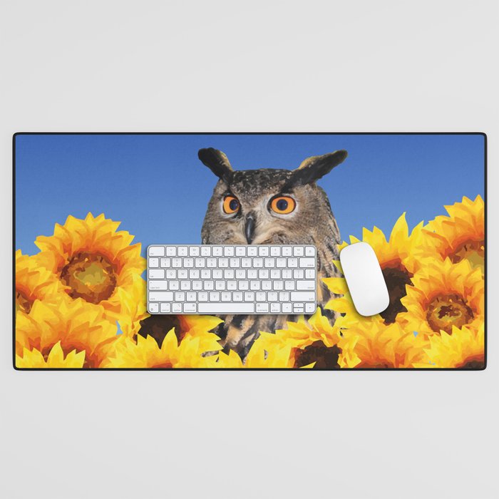 Owl in sunflower field Desk Mat