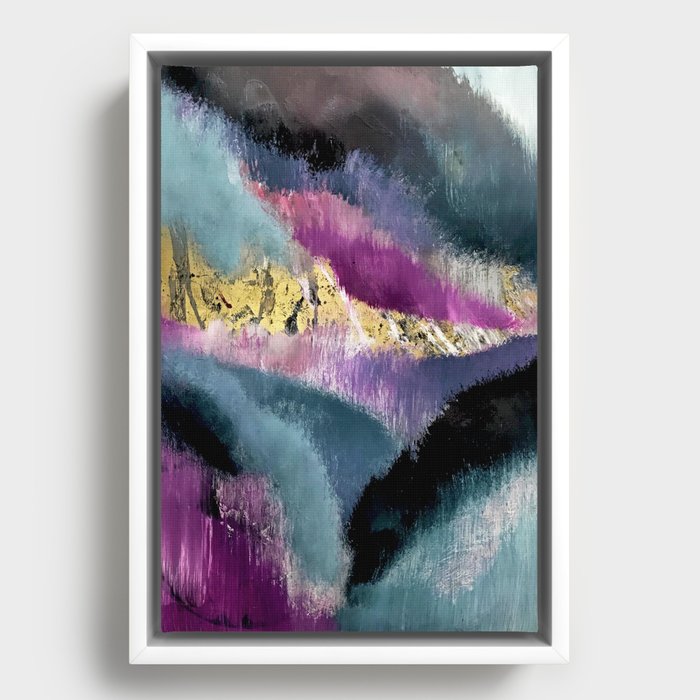 Gemini: a vibrant, colorful abstract piece in gold, purple, blue, black, and white Framed Canvas