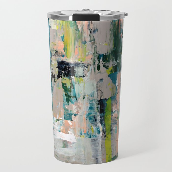 Imagine: A bright abstract painting in green, pink, and neon yellow by Alyssa Hamilton Art Travel Mug