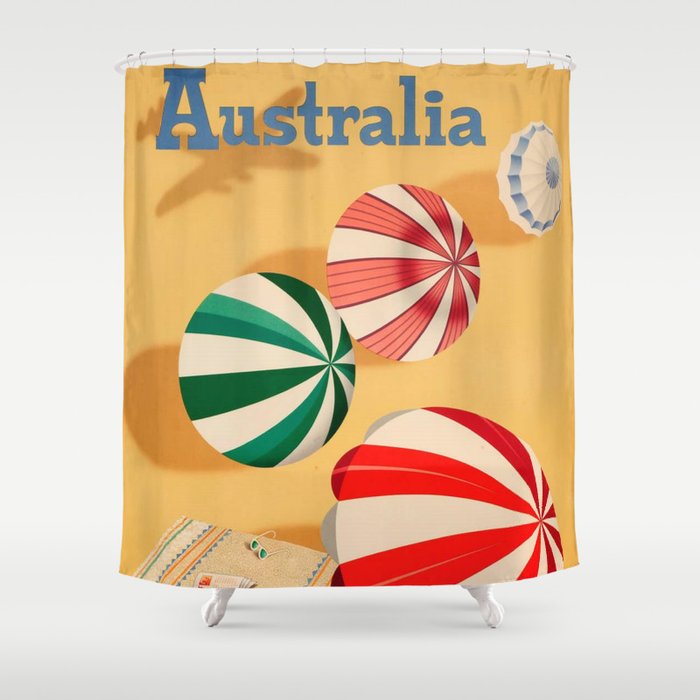 Vintage Australia Travel Poster For Australia Fly BOAC & Qantas - Sunshine and Surf Shower Curtain