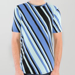 [ Thumbnail: Cornflower Blue, Black, and Light Cyan Colored Striped Pattern All Over Graphic Tee ]