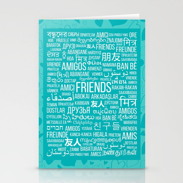The word "Friends" in different languages of the world on a turquoise background with hearts Stationery Cards