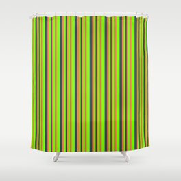 [ Thumbnail: Chartreuse, Coral, and Dark Slate Gray Colored Lines/Stripes Pattern Shower Curtain ]