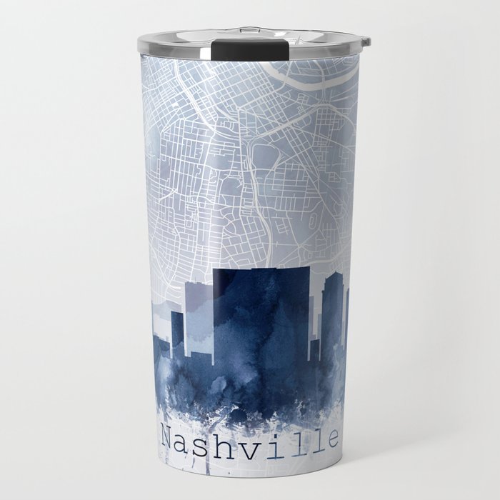 Nashville Skyline & Map Watercolor Navy Blue, Print by Zouzounio Art Travel Mug