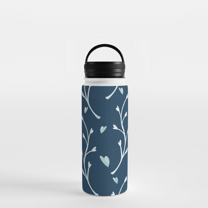 Twigs with heart-shaped leaves on a dark turquoise background Water Bottle