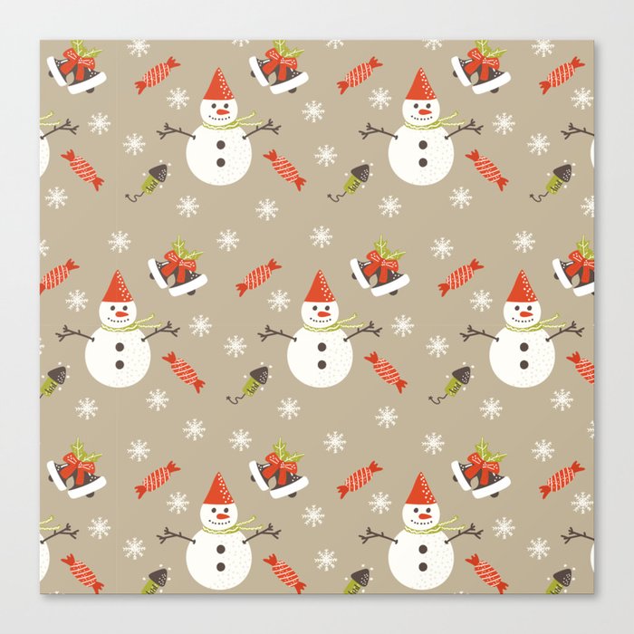 Christmas Pattern Retro Snowman Candy Rocket Canvas Print