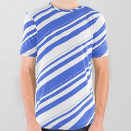 [ Thumbnail: Royal Blue and White Colored Stripes/Lines Pattern All Over Graphic Tee ]