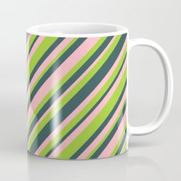 [ Thumbnail: Light Pink, Green & Dark Slate Gray Colored Striped/Lined Pattern Coffee Mug ]